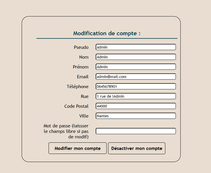 Interface de modification de compte utilisateur sur Kaliciel, plateforme de gestion de données et se.