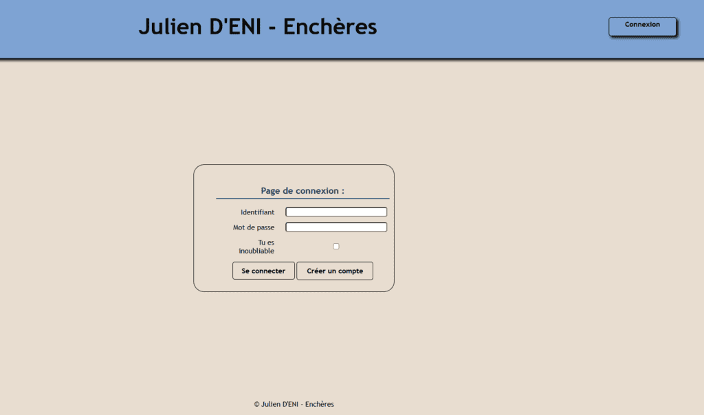 Page de connexion pour accéder aux enchères Julien D'ENI.