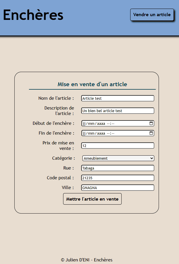 Formulaire de mise en vente d'un article sur Kaliciel, plateforme d'enchères en ligne.